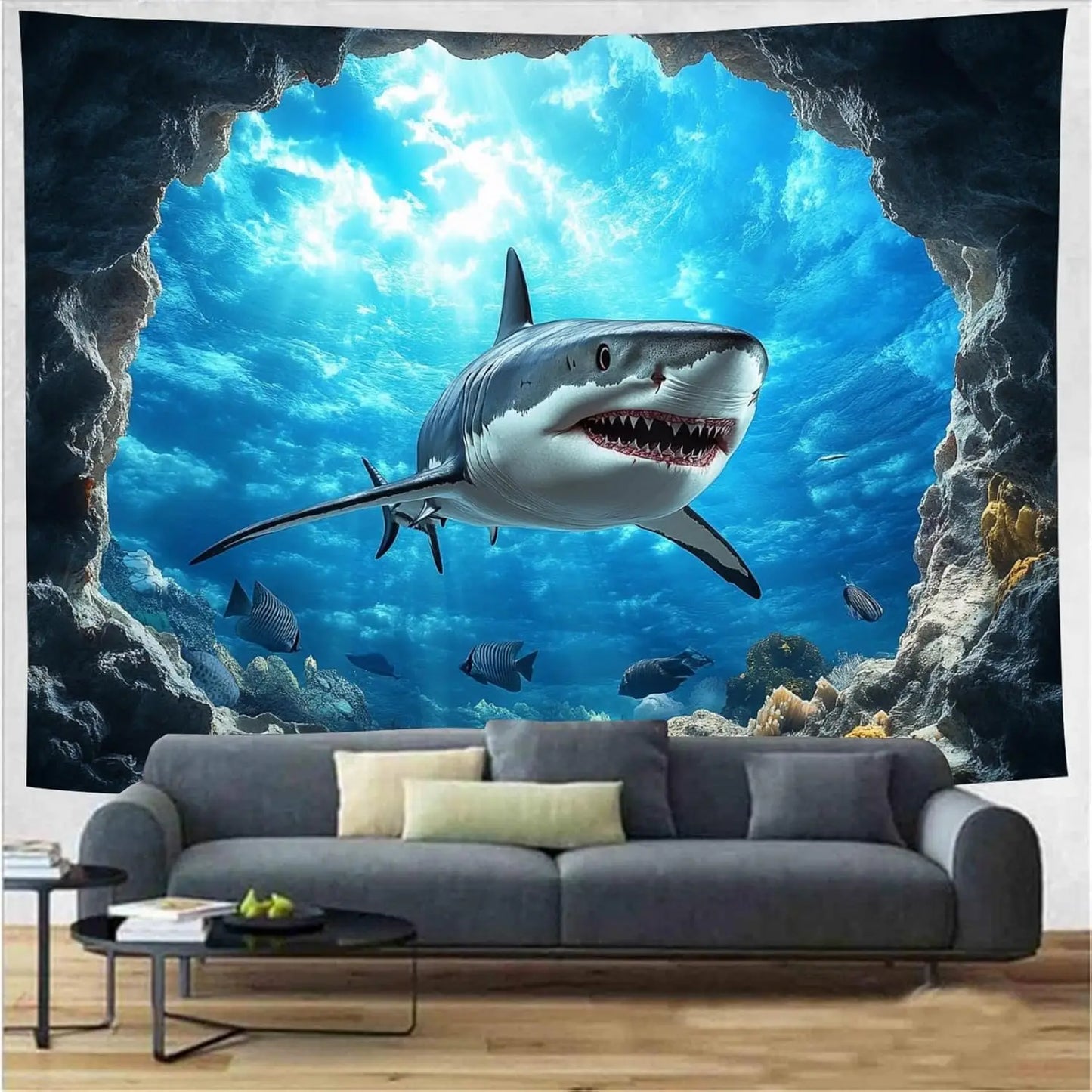Blue Ocean Shark Tapestry Tropical Landscape Wall Hanging
