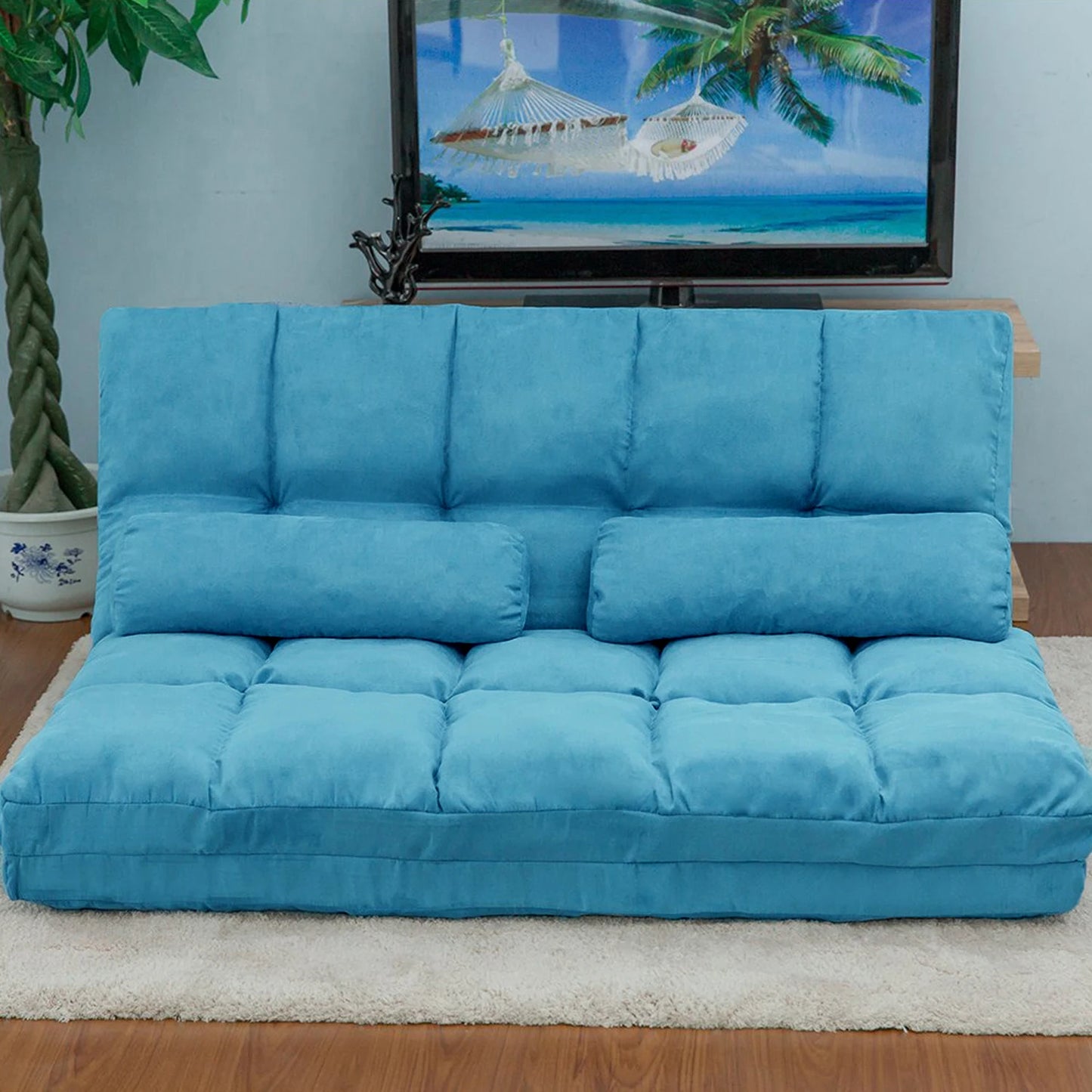 Double Chaise Lounge Sofa with Two Pillows (Blue)