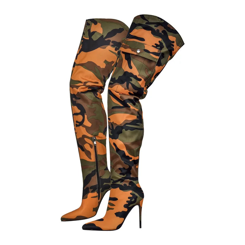 Camouflage Over The Knee Boots Thin Heel Pointy Colorful