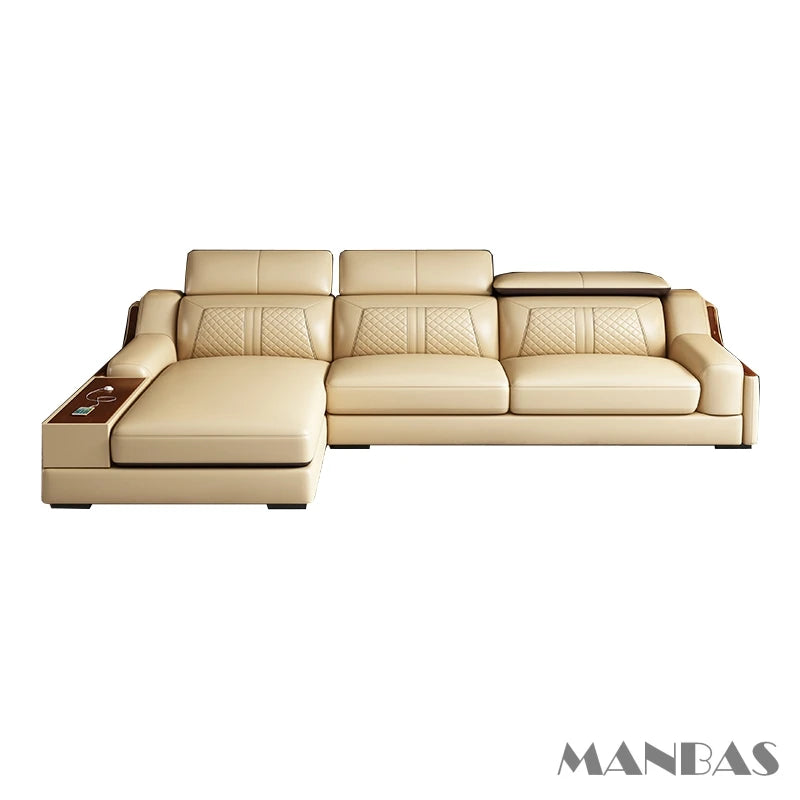 Stylish Italian Genuine Leather Sofa w/Adjustable Headrests & Bluetooth Speaker