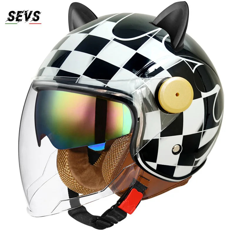 Vintage Cat Ear Motorcycle Helmet Retro Dual Visor