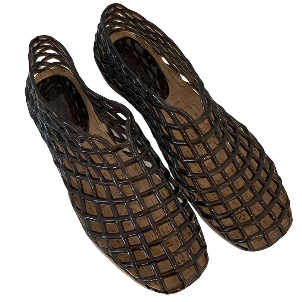 Womens Jelly Mesh Square Toe Hollow Out Ballet Flats