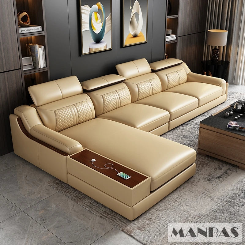 Stylish Italian Genuine Leather Sofa w/Adjustable Headrests & Bluetooth Speaker