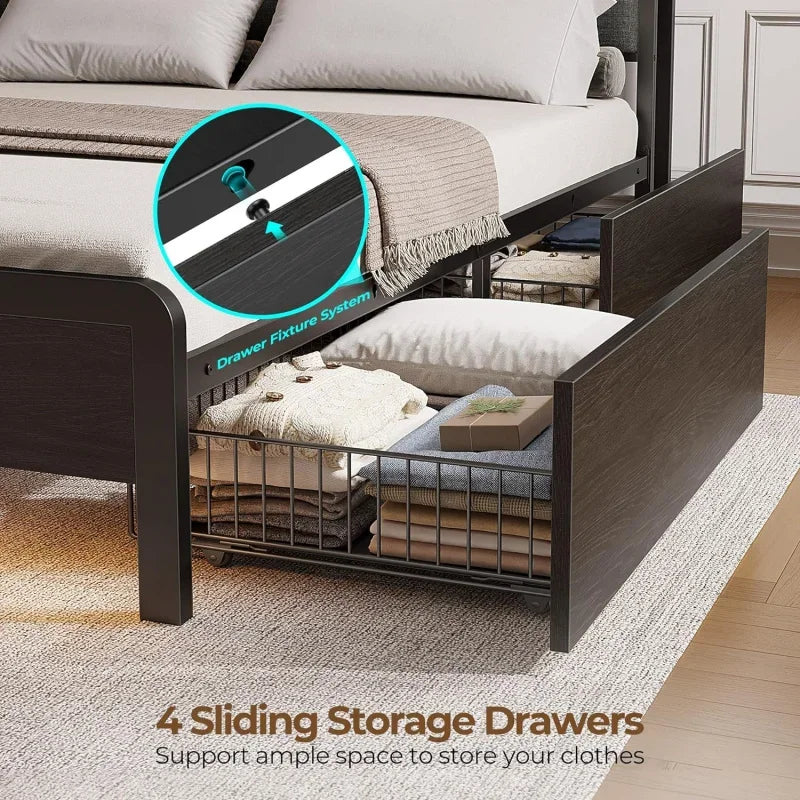 Bed Frame Queen Size with Charging Station and LED Lights, Upholstered Storage, Drawers