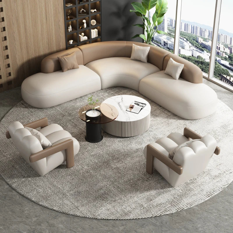 Curved Leather Corner Sofa Set with Solid Wood Frame