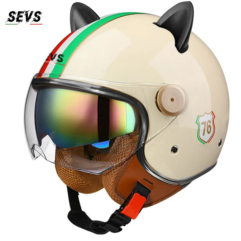 Vintage Cat Ear Motorcycle Helmet Retro Dual Visor
