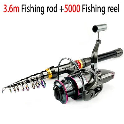 1.8-3.6m Carbon Fiber Telescopic Fishing Pole Spinning Reel Kit Max Resistance 3-8kg Pesca