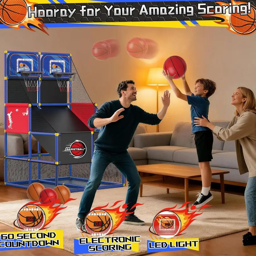 Dual Basketball Arcade with Electronic Scoreboard LED Light 6 Balls