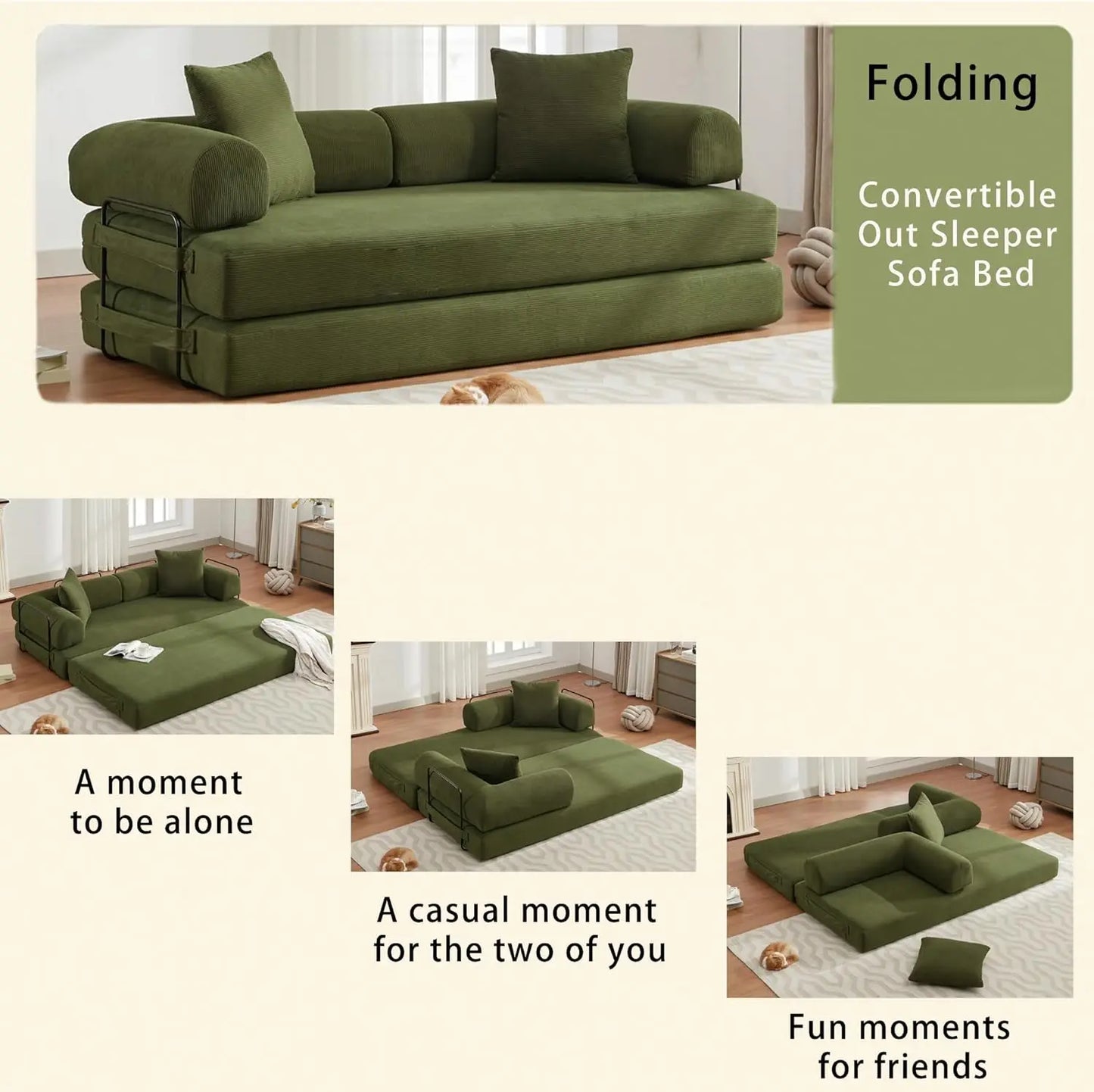 Convertible Sleeper Sofa Bed with Cylindrical Pillow