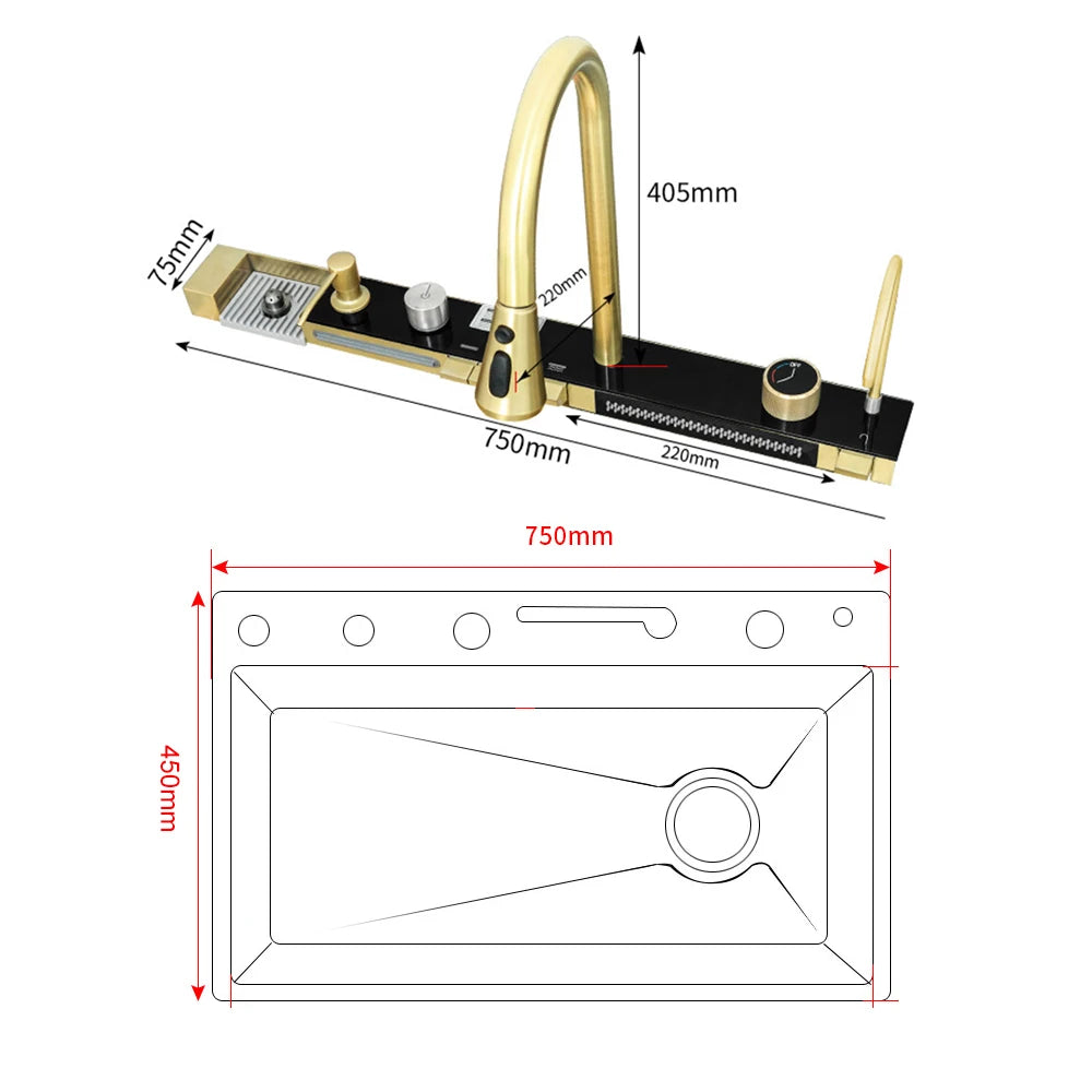 Multifunctional Kitchen Waterfall Sink Digital Display Stainless Steel