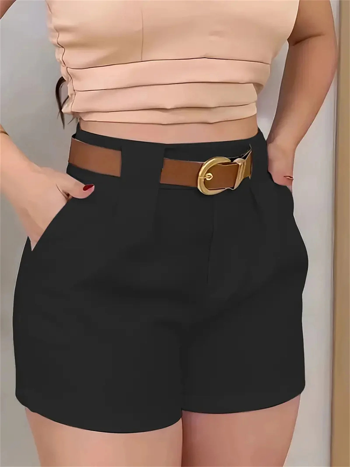 Womens High Waist Solid Color Belt Shorts