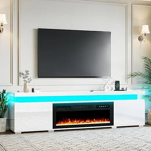 70.8’’ Fireplace TV Stand for 75 Inch TVs with LED Lights, High Gloss