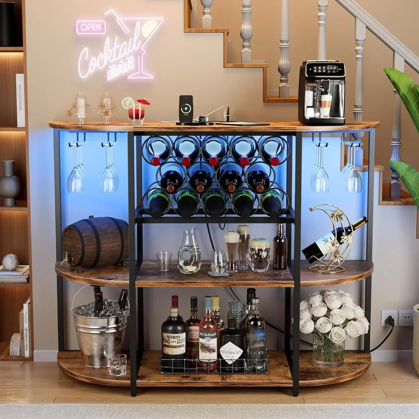 Wine Bar Cabinet with LED Lights and Power Outlets