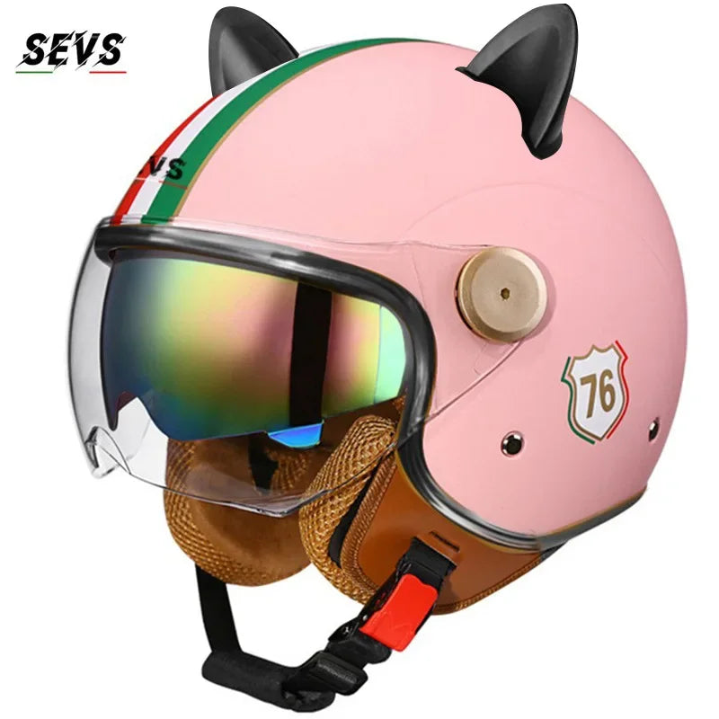 Vintage Cat Ear Motorcycle Helmet Retro Dual Visor