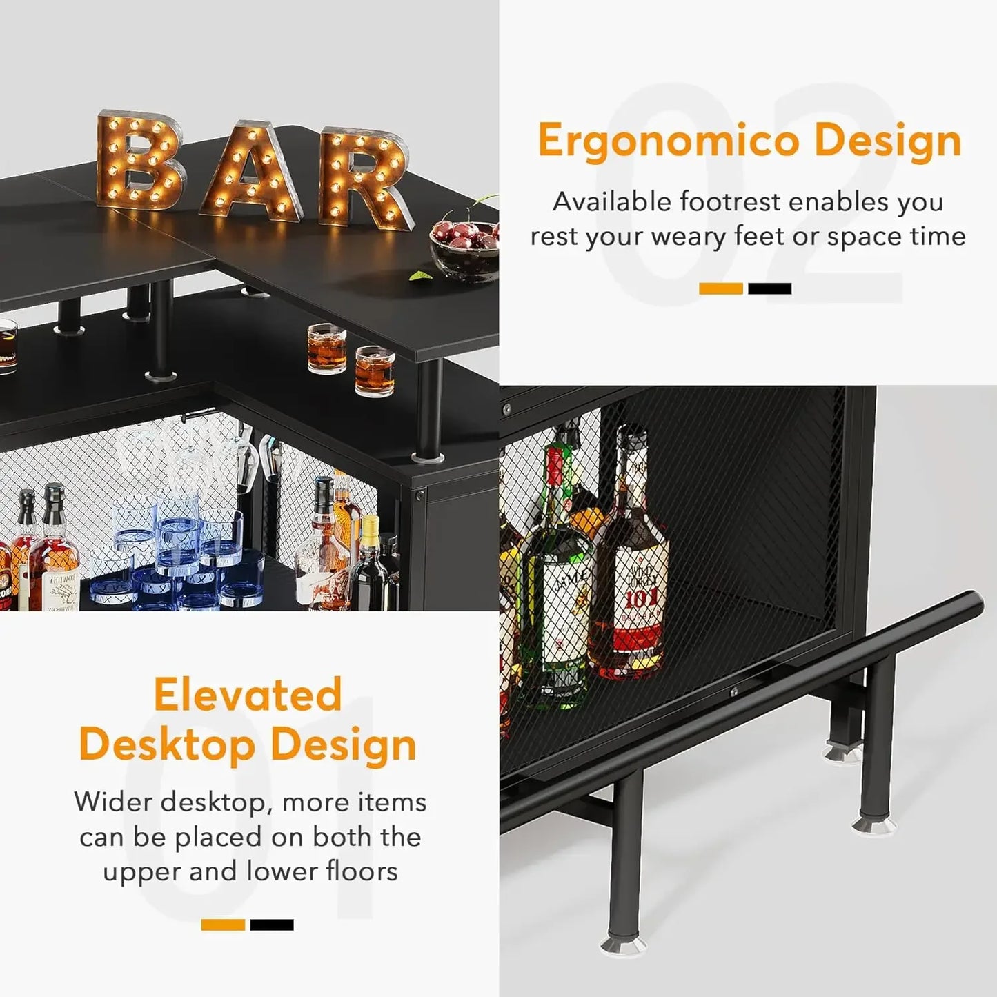 L-Shaped Bar Table with Stemware Racks and 2-Tier Shelves