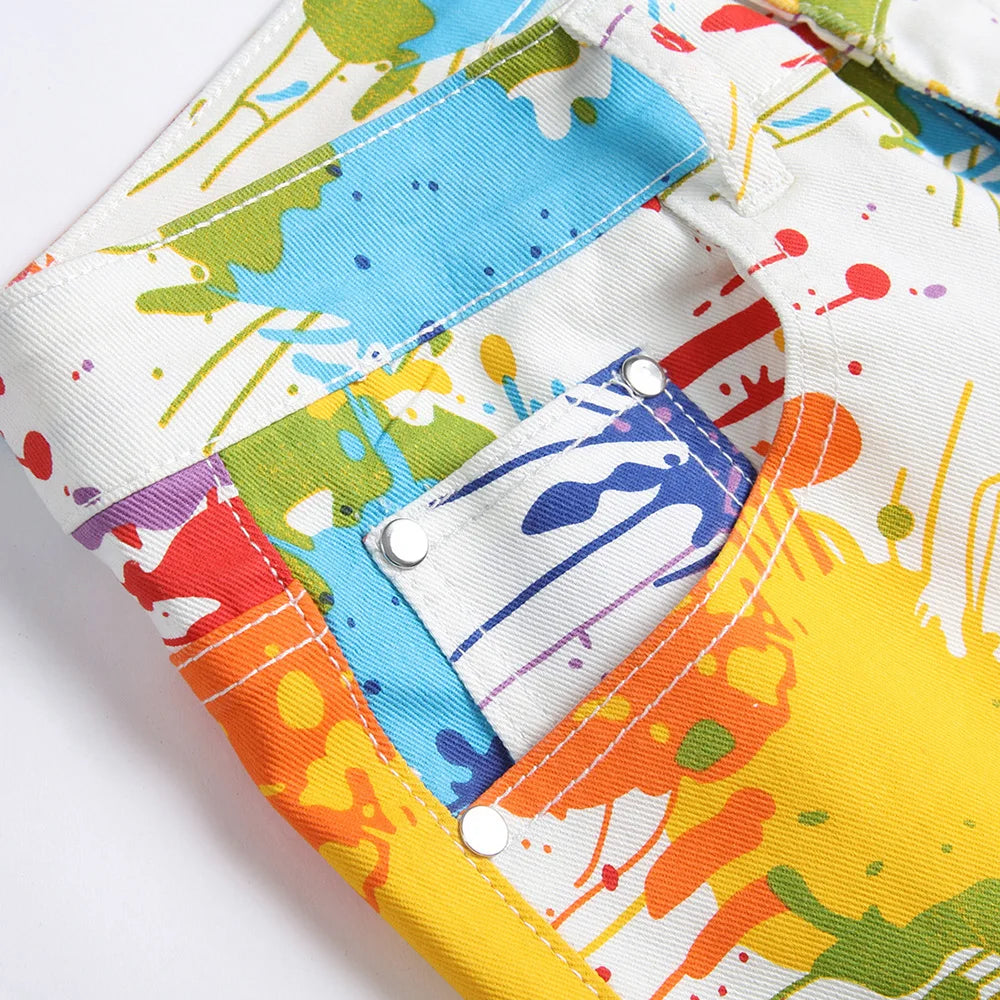 Mens Color Painted Shorts Stretch Denim