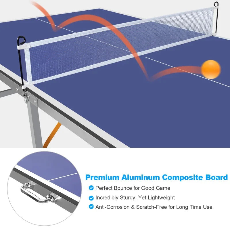 6-foot Foldable Table Tennis Set with Net, 2 Table Tennis Paddles and 3 Balls