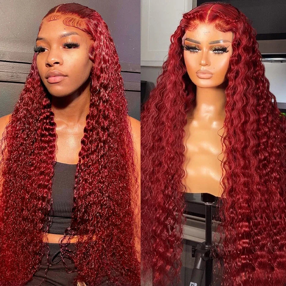 13x4 HD Burgundy Deep Wave Lace Front Wig 220 Density Curly 30 34 Inches