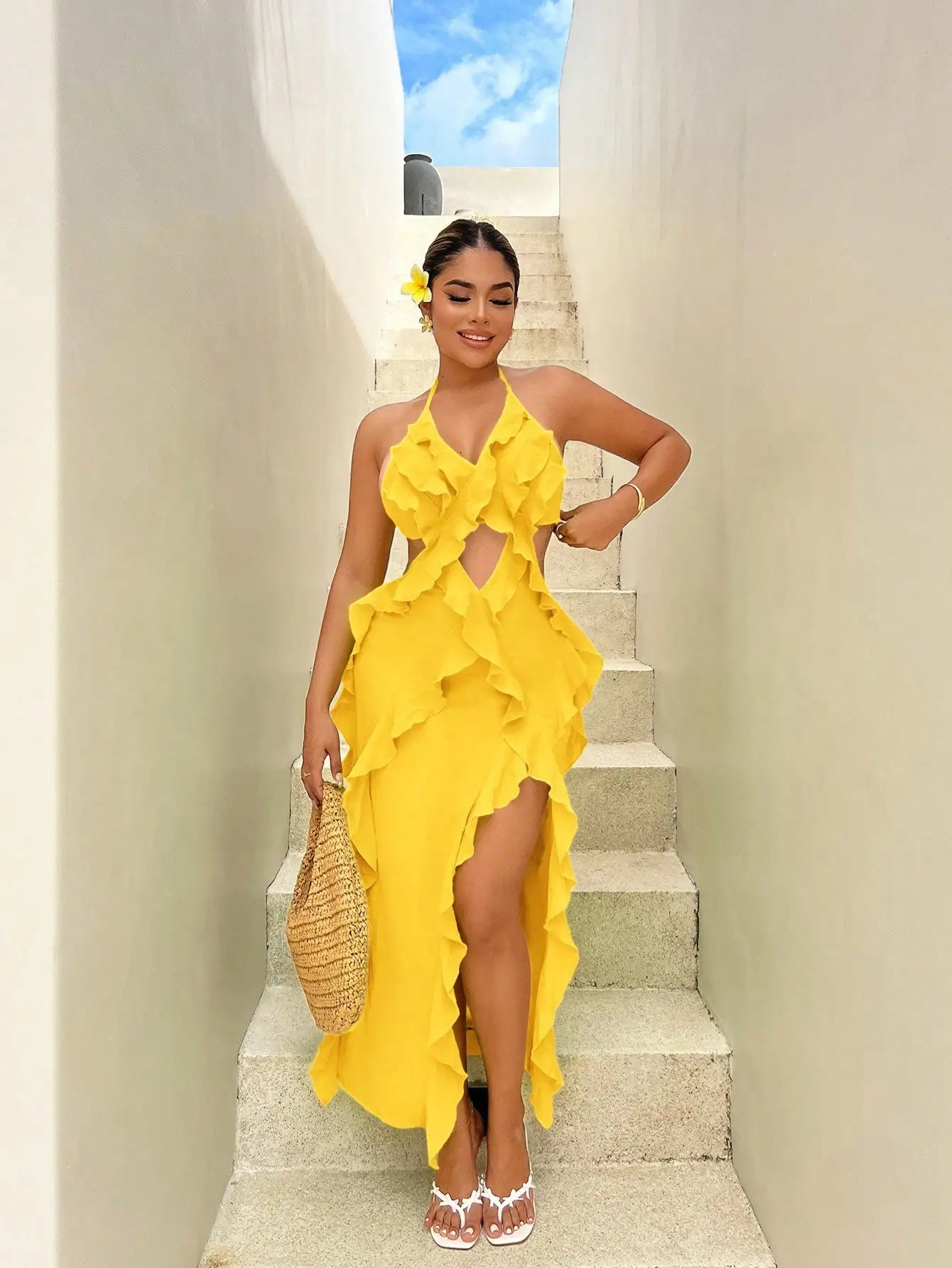 Halter Ruffle Maxi Dress with High Slit Plus Size