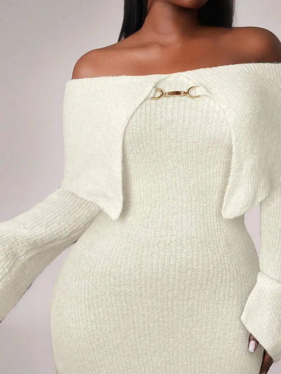 Plus Size Off-Shoulder Knit Dress with Flared Sleeves