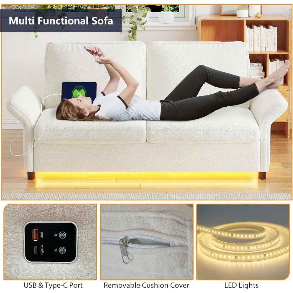 60" 2 Seater Velvet Love Seat for Dorm, 2 USB, LED