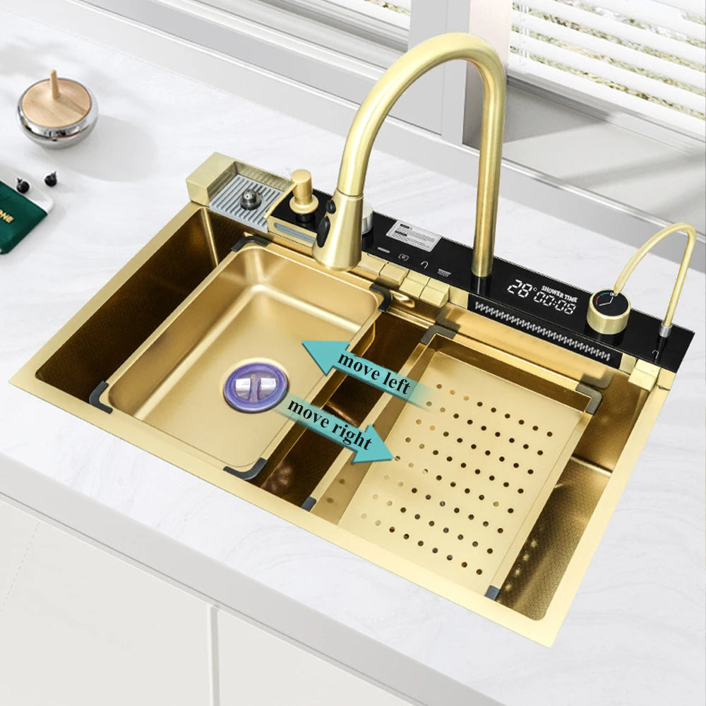 Multifunctional Kitchen Waterfall Sink Digital Display Stainless Steel