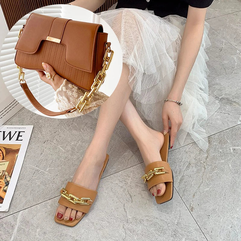 Womens Metal Chain Slippers Summer Flat-bottomed Non-slip