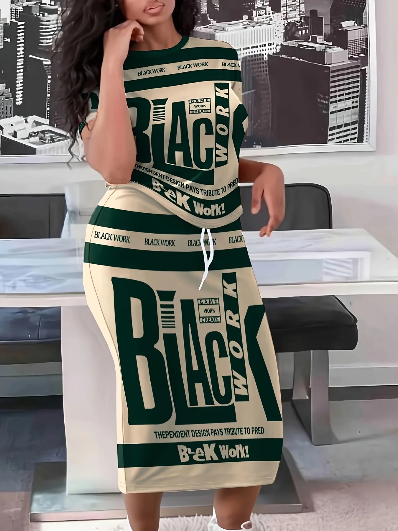 Plus Size Letter Print Drawstring Skirt Set
