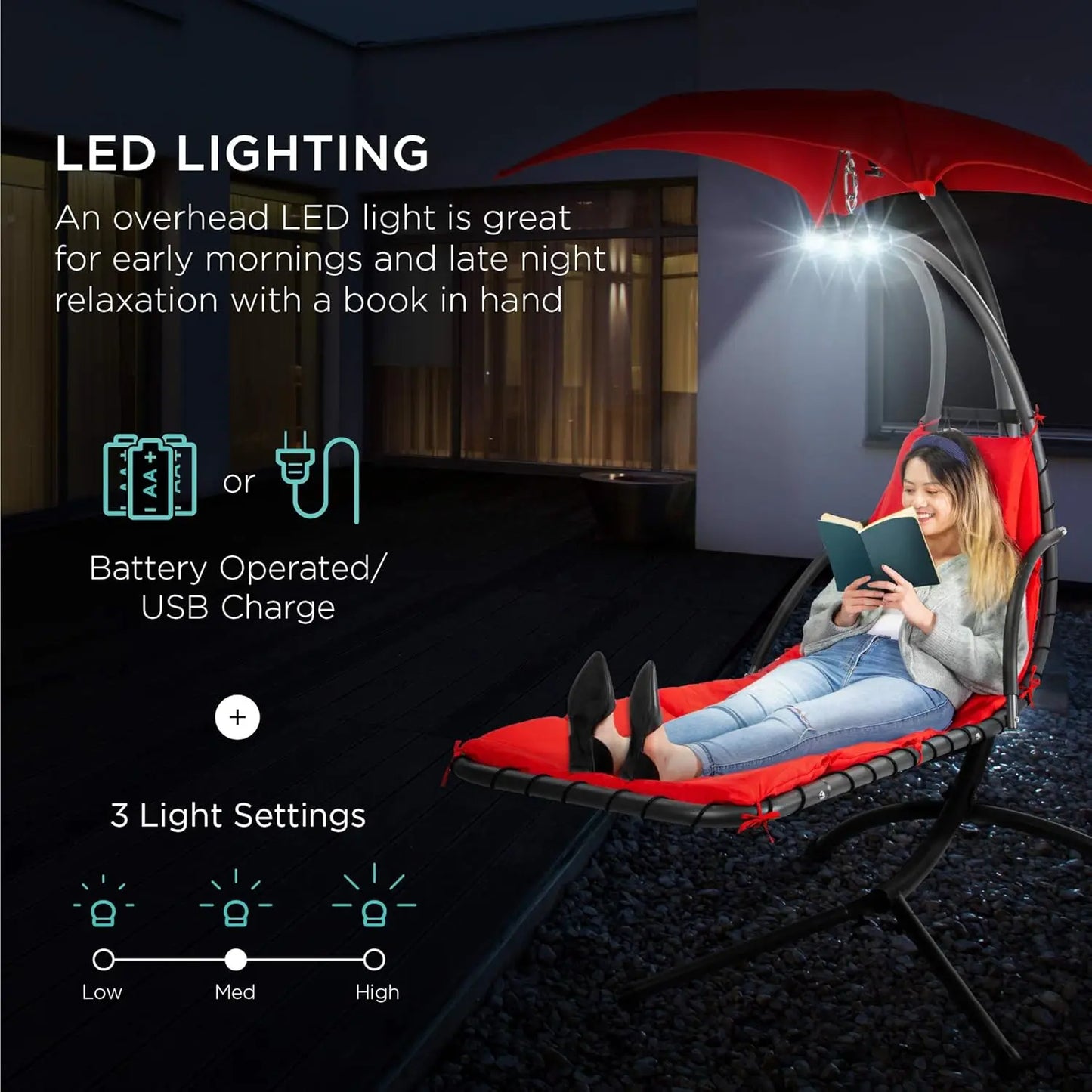 Hanging LED-Lit Curved Chaise Lounge Chair Swing