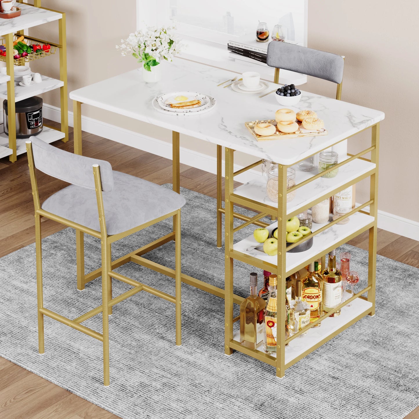 Dining Set Bar Table and 2 Upholstered Chairs