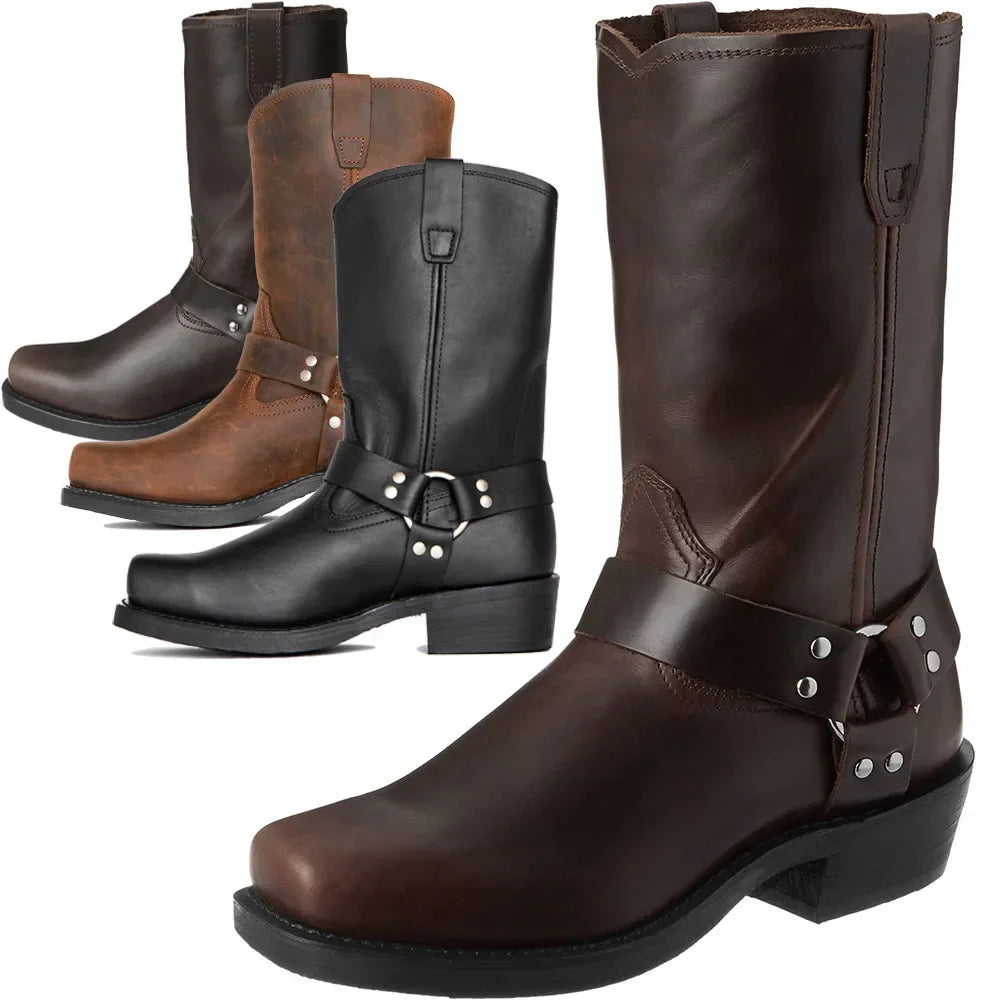 Retro Cowboy Boots Men Mid Calf
