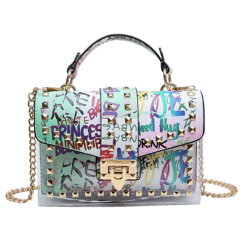Womens Studded Graffiti Crossbody Bag