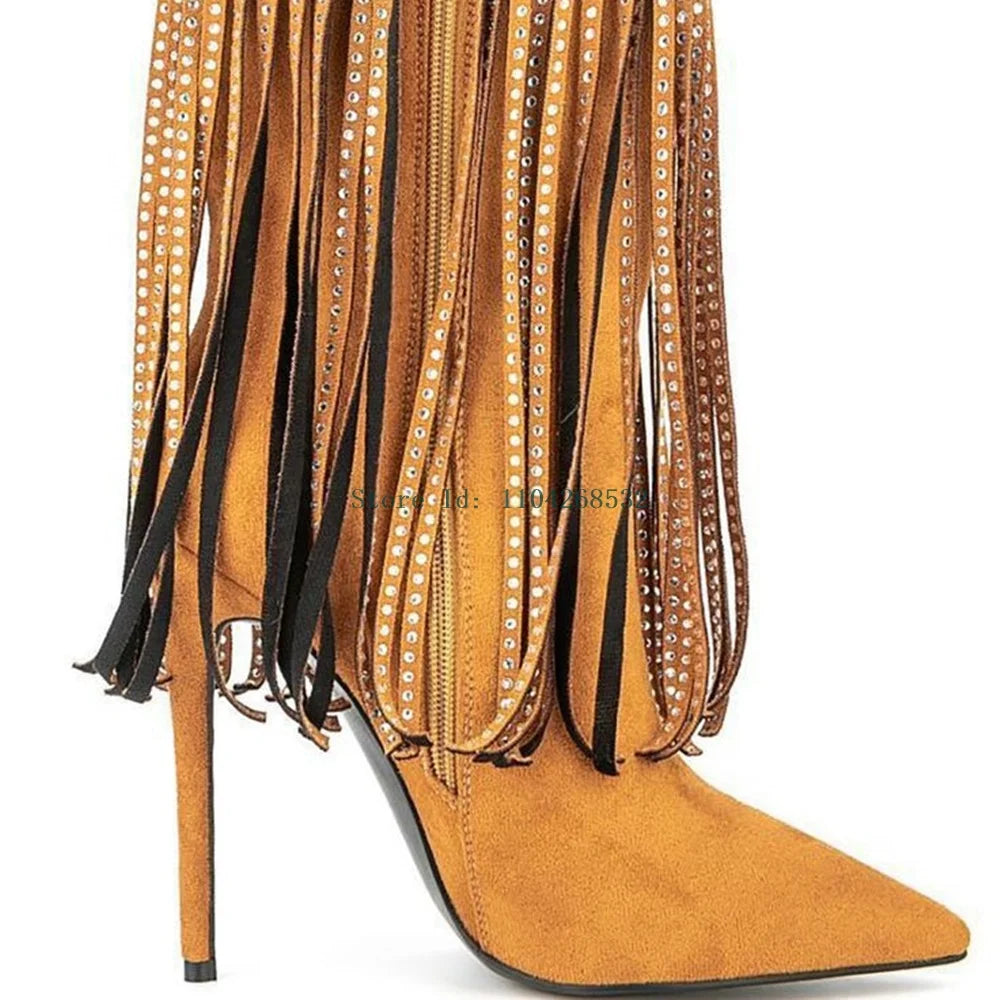 Crystal Rhinestone Tassel Ankle Boots Sexy Pointed Toe Stiletto