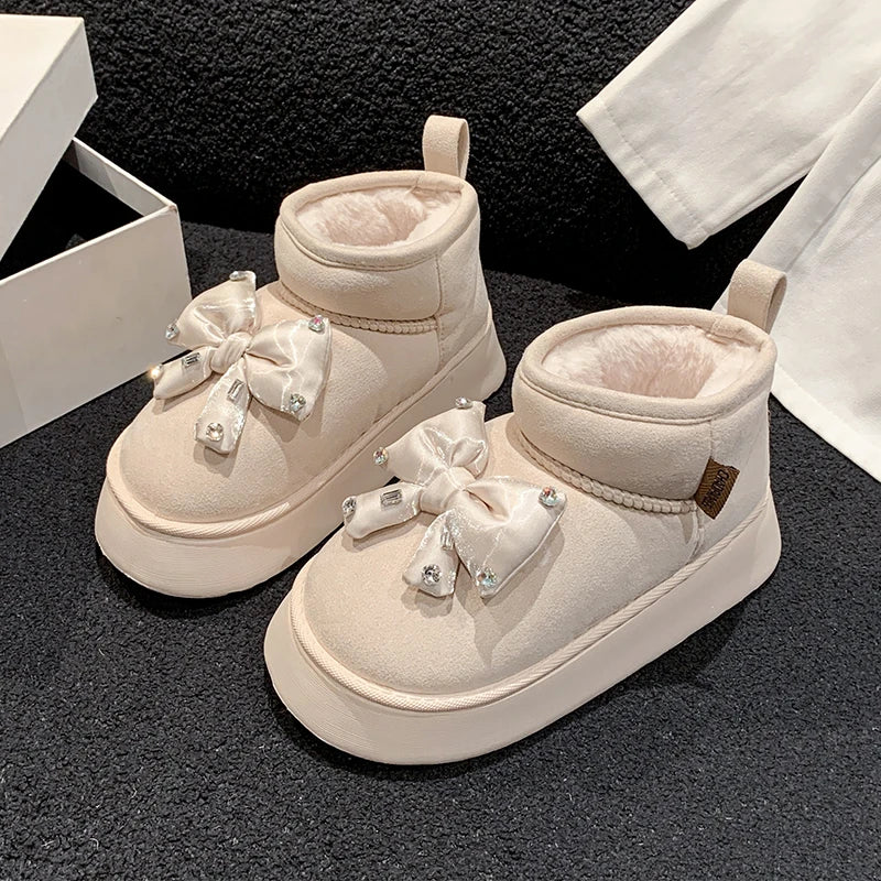 Diamond-Studded Butterfly-Knot Thicken Plush Ankle Boots