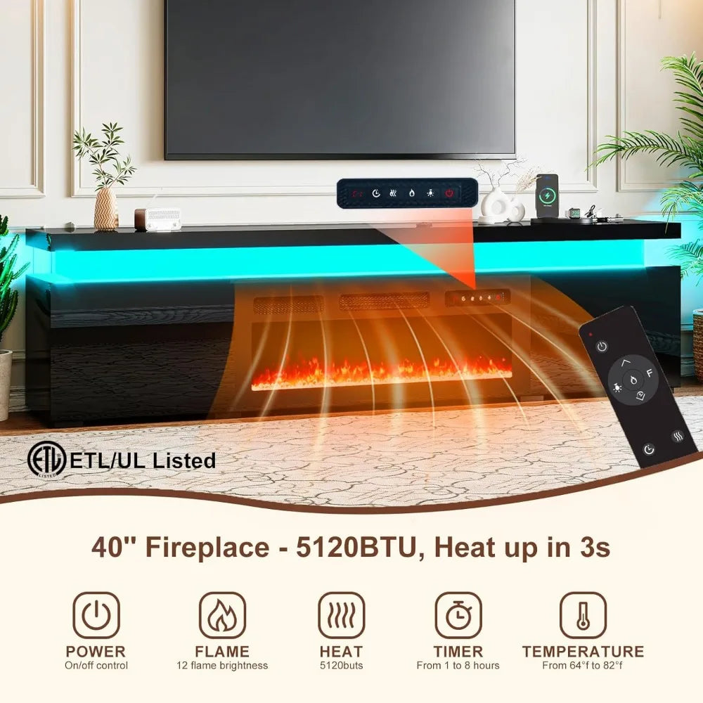 70.8’’ Fireplace TV Stand for 75 Inch TVs with LED Lights, High Gloss