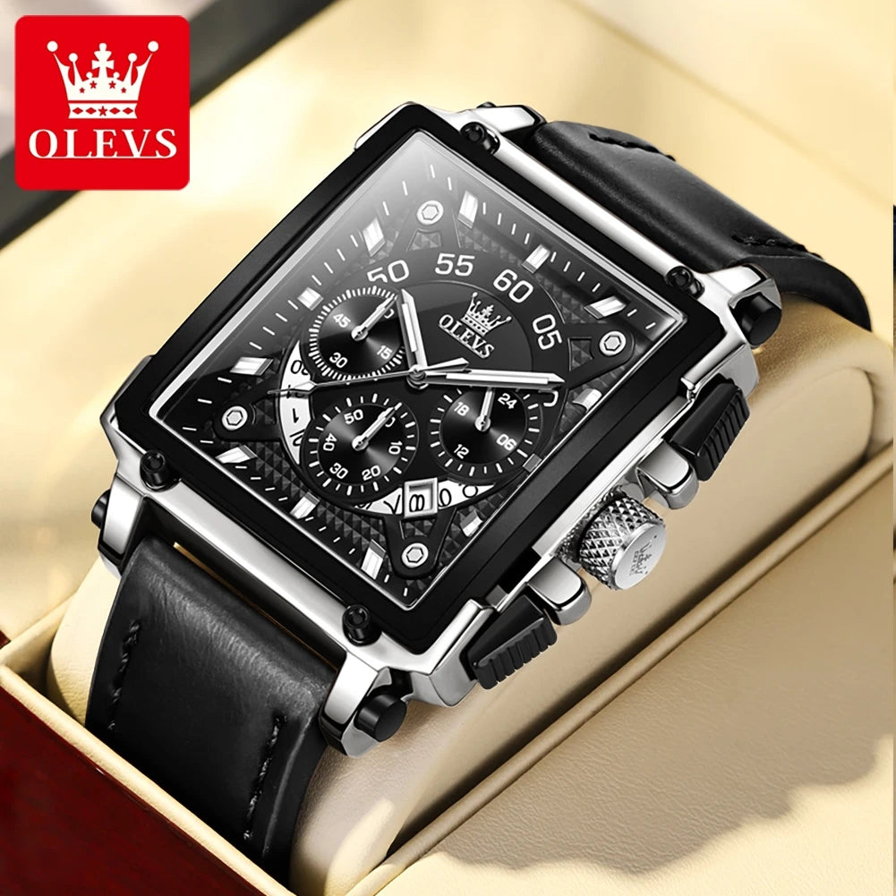 Chronograph Quartz Men's Watch Leather Strap 45MM