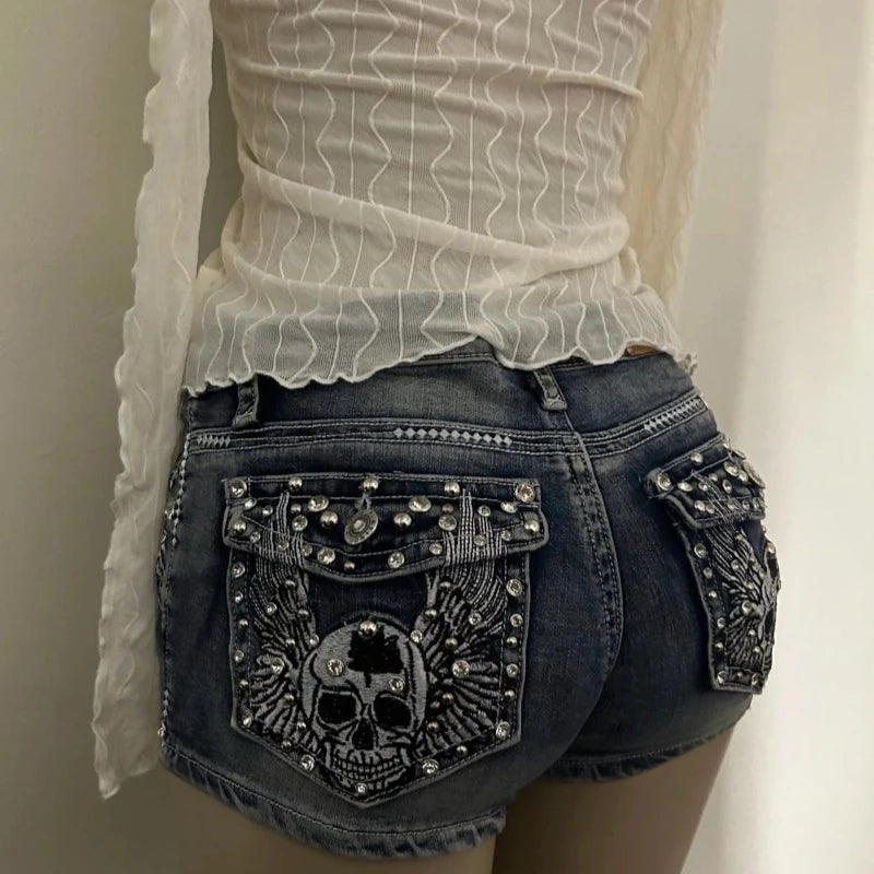 Womens Ultra Short Skull Angel Pattern Cowboy Shorts