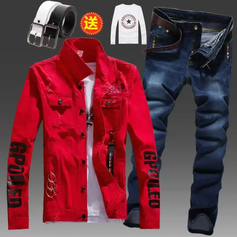 Men's Slim Fit Denim Jacket Pants 2pcs Set