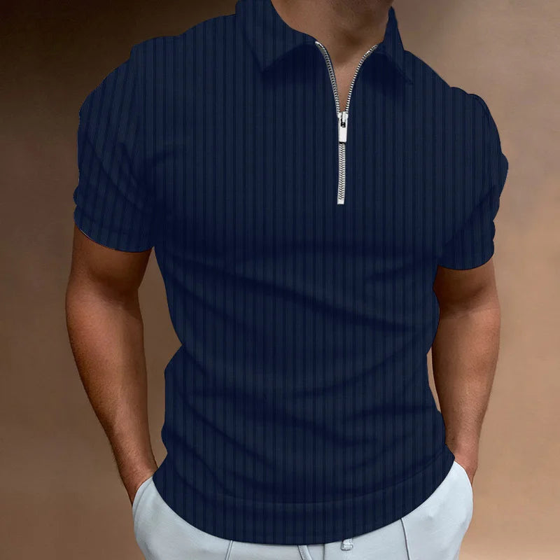 Men Casual Short Sleeve Stripe Zipper Polo Shirt