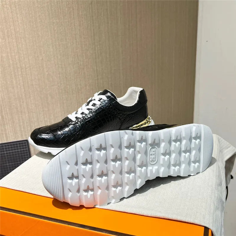 Authentic Crocodile Skin Classic Black White Male Sneakers