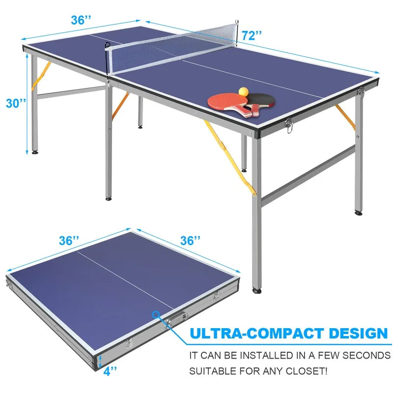 6-foot Foldable Table Tennis Set with Net, 2 Table Tennis Paddles and 3 Balls