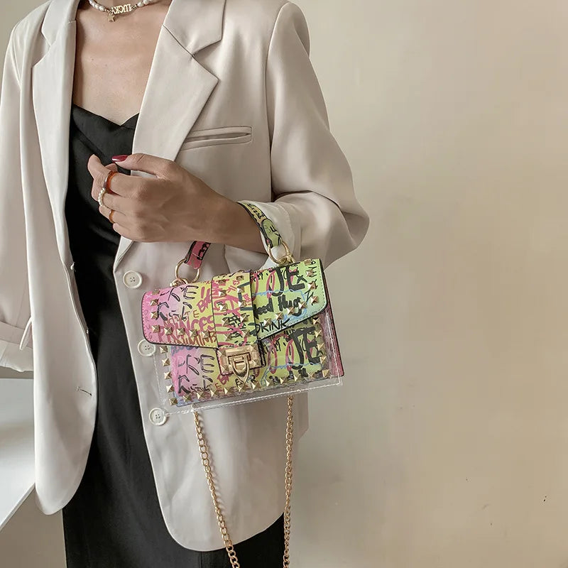 Womens Studded Graffiti Crossbody Bag