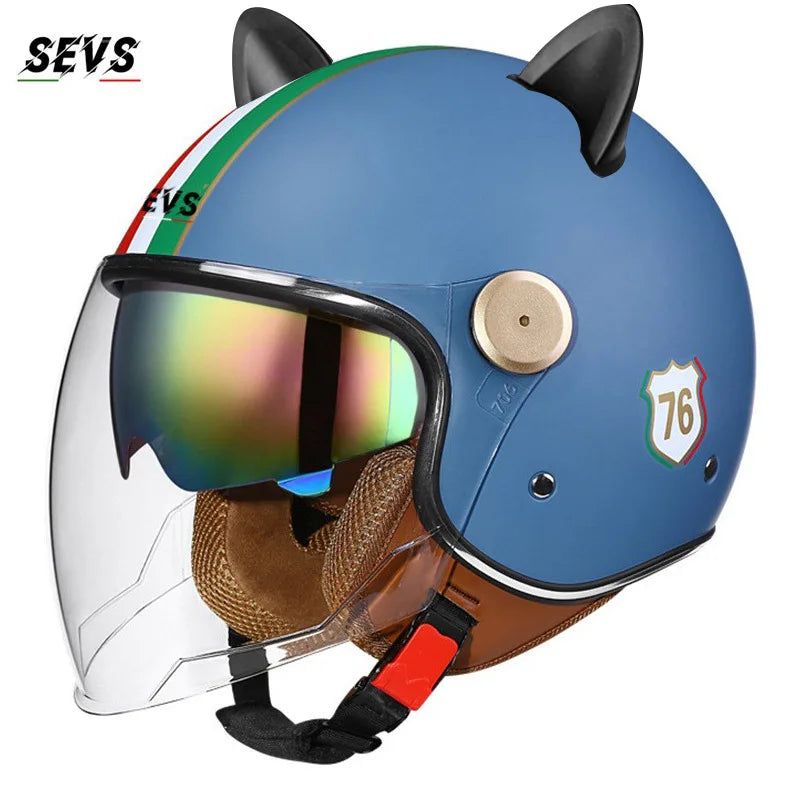 Vintage Cat Ear Motorcycle Helmet Retro Dual Visor