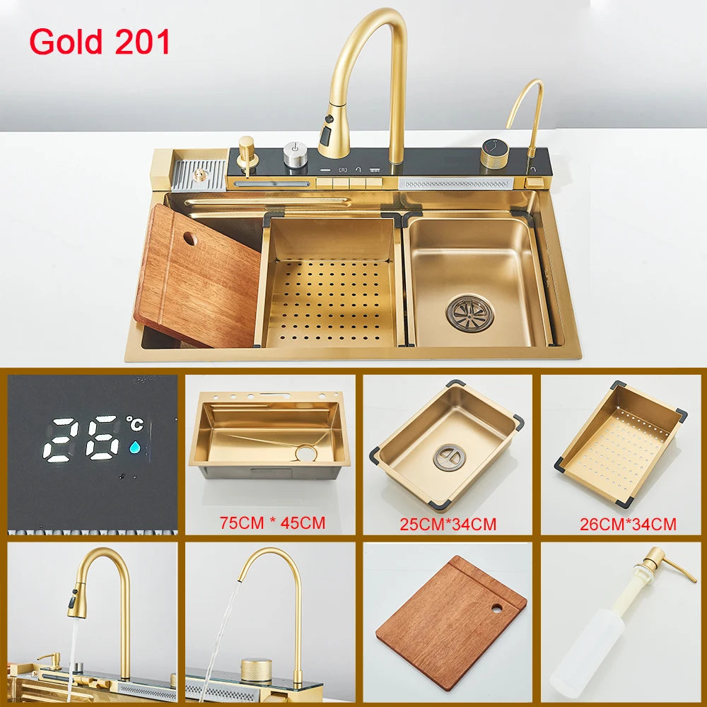 Multifunctional Kitchen Waterfall Sink Digital Display Stainless Steel