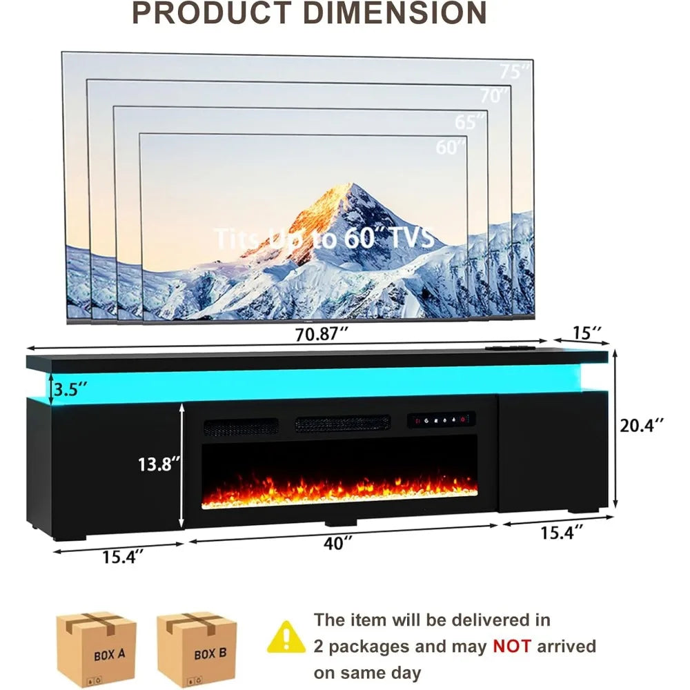70.8’’ Fireplace TV Stand for 75 Inch TVs with LED Lights, High Gloss