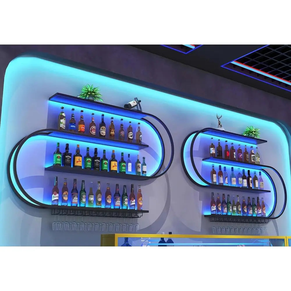 Wall-Mounted 4-Tier Wine Rack with LED Lights