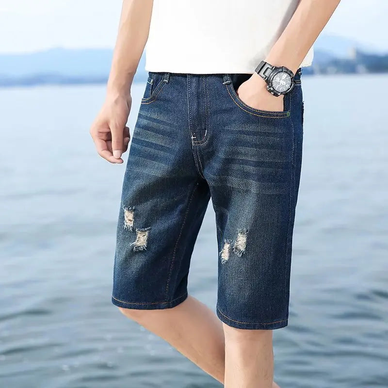 Perforated Denim Casual Straight Shorts