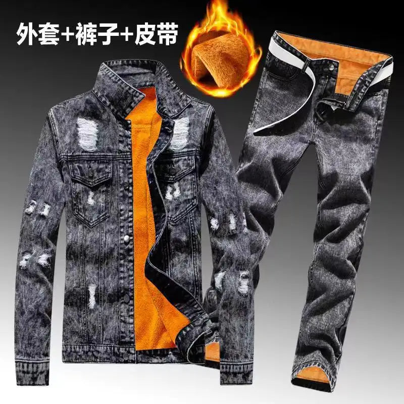 Winter Men Fleece Lining Thick Warm Denim Two Piece Set
