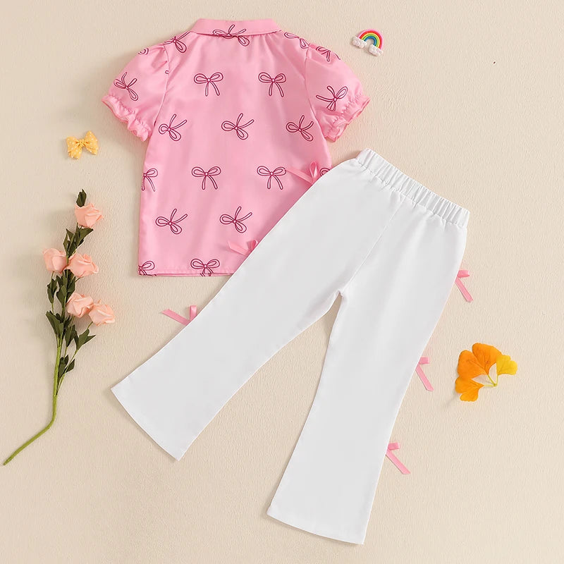 Adorable Bow Print Shirt and Elastic Flare Pants