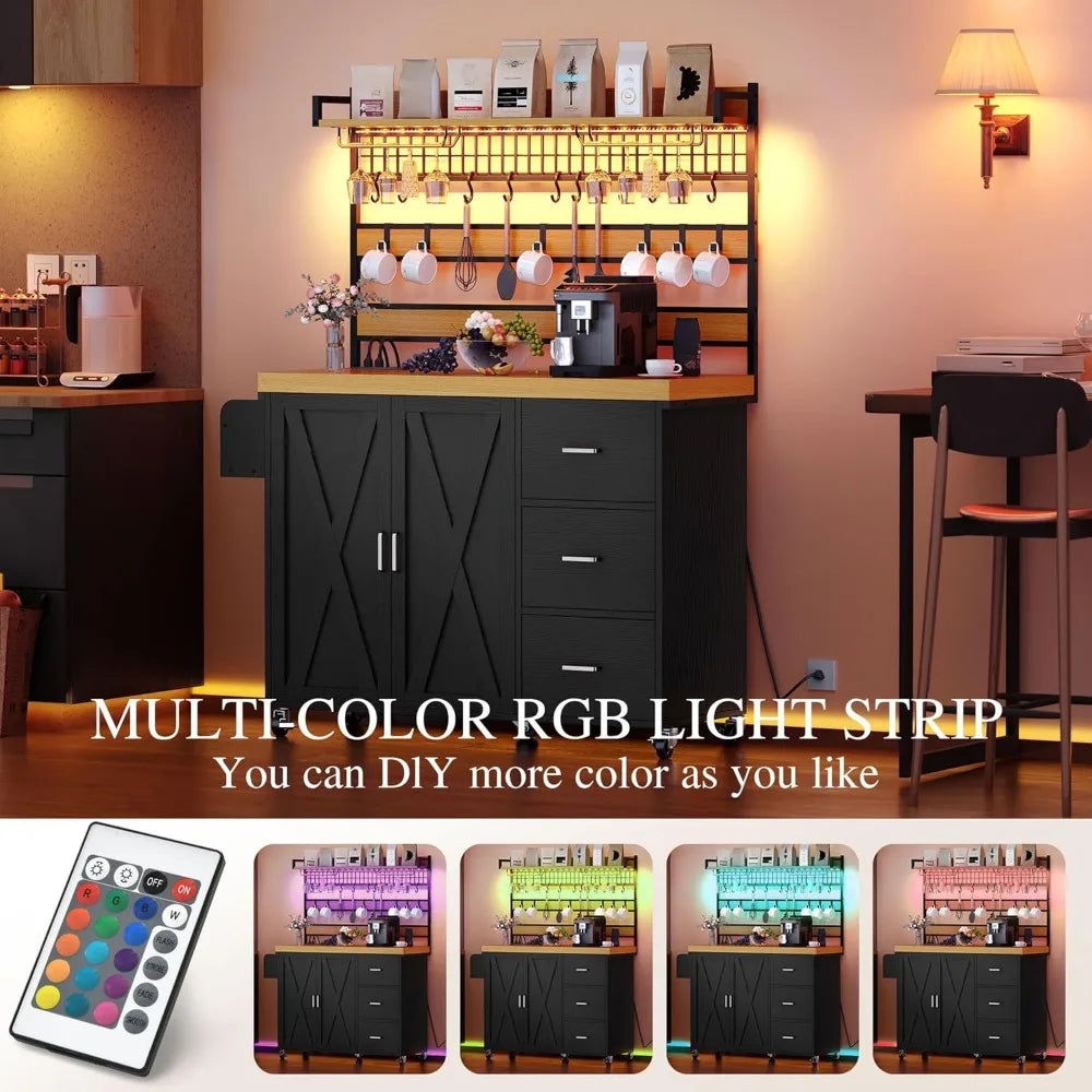 Farmhouse Coffee Bar Cabinet with Power Outlet and LED, 53 Inch